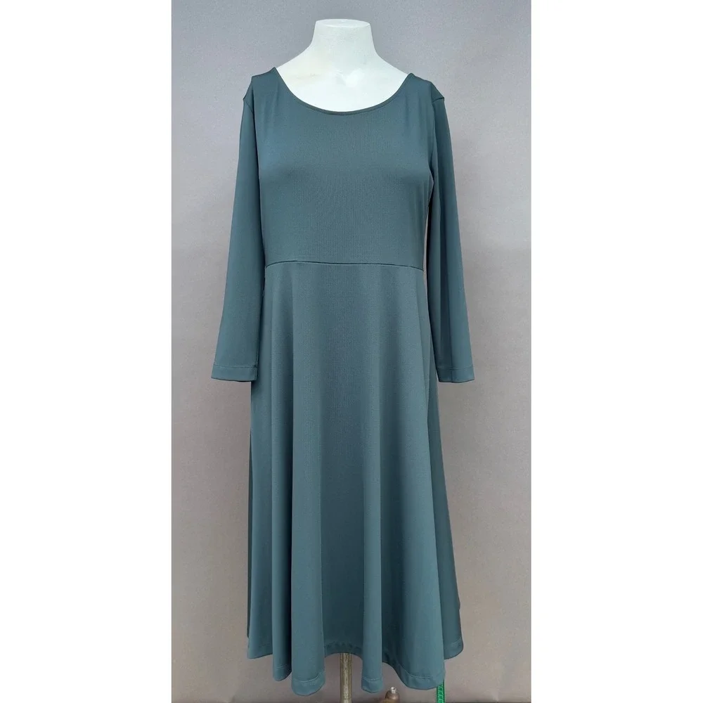 Lands End Dress Medium 10-12 Teal Green Long Sleeve Fit Flare Midi Dress